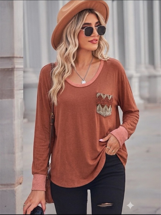 POL Tops - POL Boho Knit Chevron Pocket Long Sleeve Top Terracotta Rust Western Size L